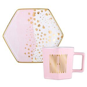 Cappuccino Cup & Saucer Set Hexagon 6 oz Pink & Gold Ceramic by Creative Brand